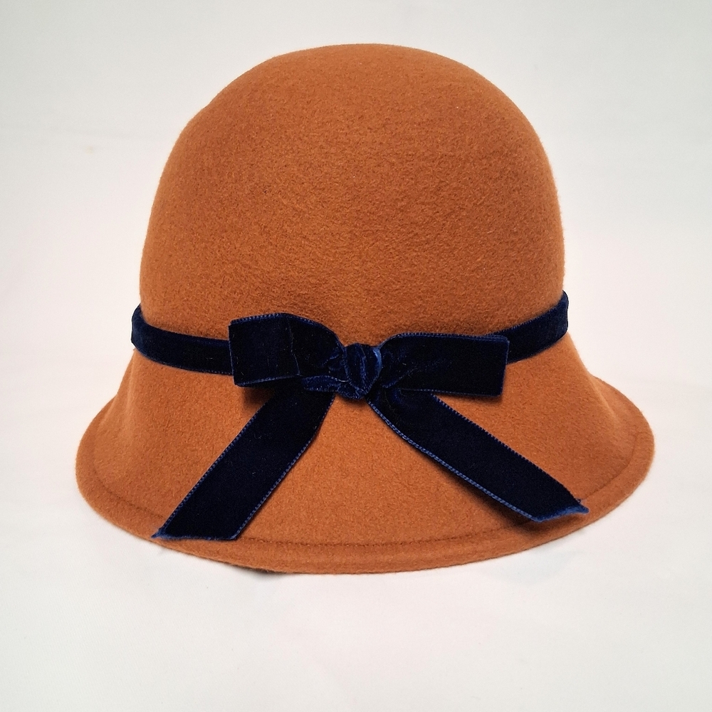 Hats In The Belfry Tan Cloche Hat with Navy Ribbon